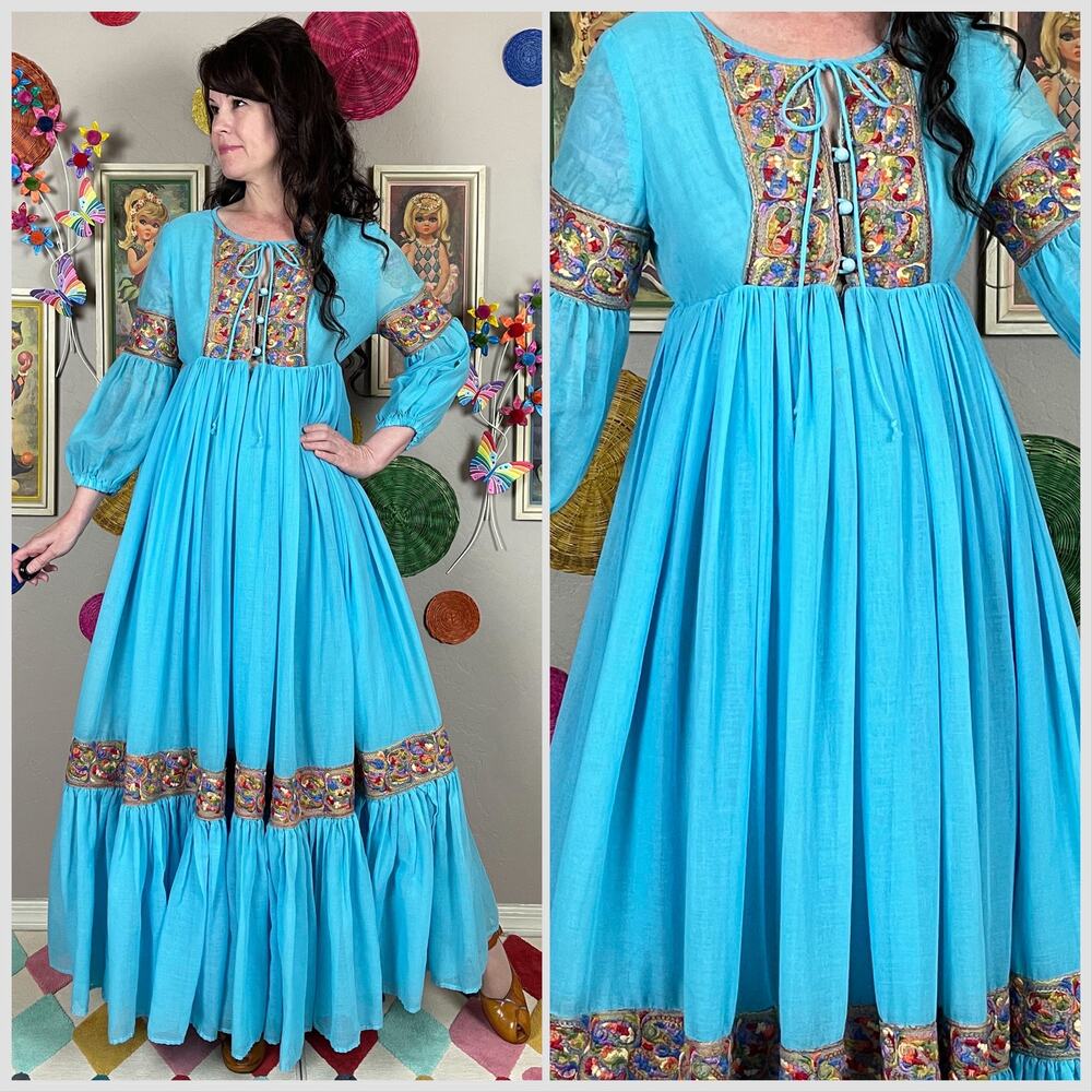 Vintage 1970s Blue Embroidered Boho Gauzy Cotton Peasant Dress